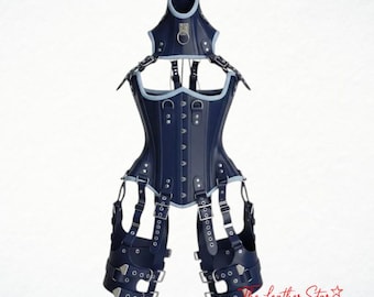 May include: A dark blue leather corset with a high neck collar, silver-toned metal hardware, buckles, and D-rings. The garment features adjustable straps connecting to thigh pieces, with light blue piping along the edges and the text The Leather Star.
