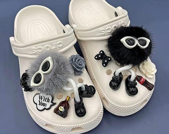 Gray Black Fluffy Croc Charms Set 9PCS Cute Sunglasses Doll Jibbitz Crocs Accessories
