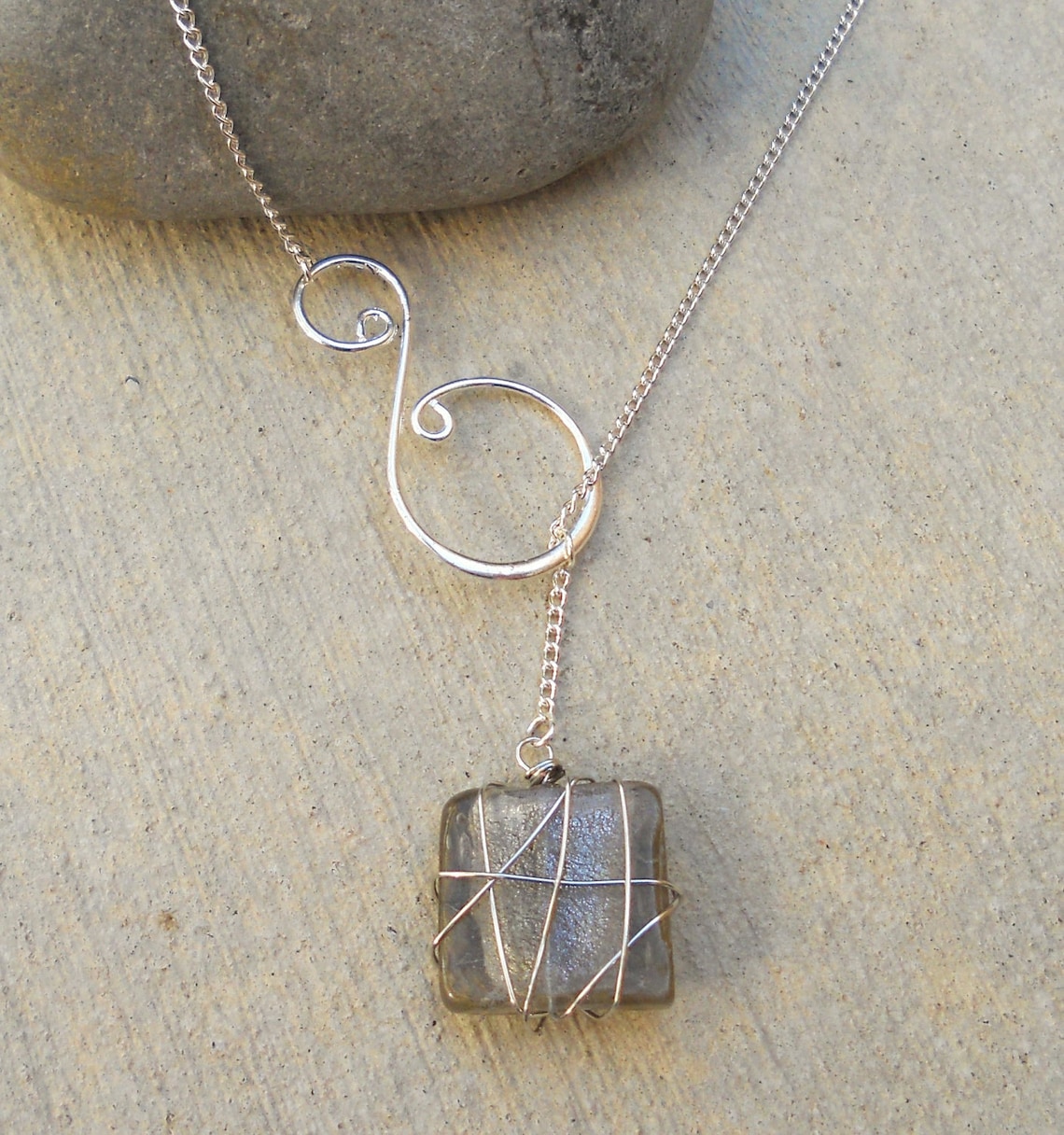 Silver Wire Wrapped Stone and Swirl Lariat Necklace 18 - Etsy