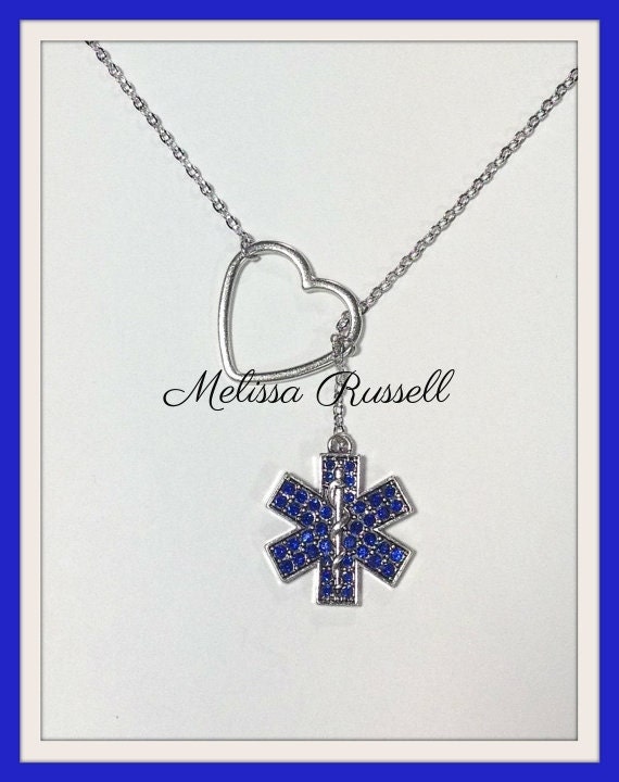 SALE - EMT, EMS, Paramedic  Lariat Necklace w/ Rhinestones & Heart, h…