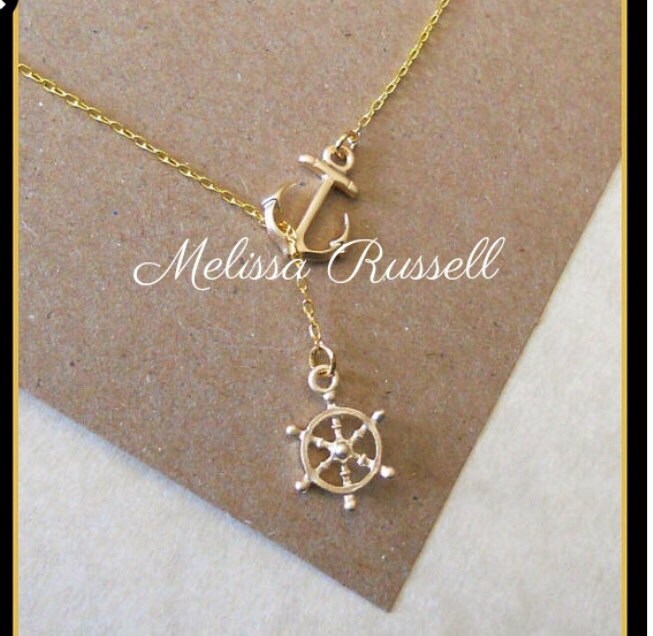 Gold Nautical Lariat Necklace With Anchor and Steering Wheel Etsy