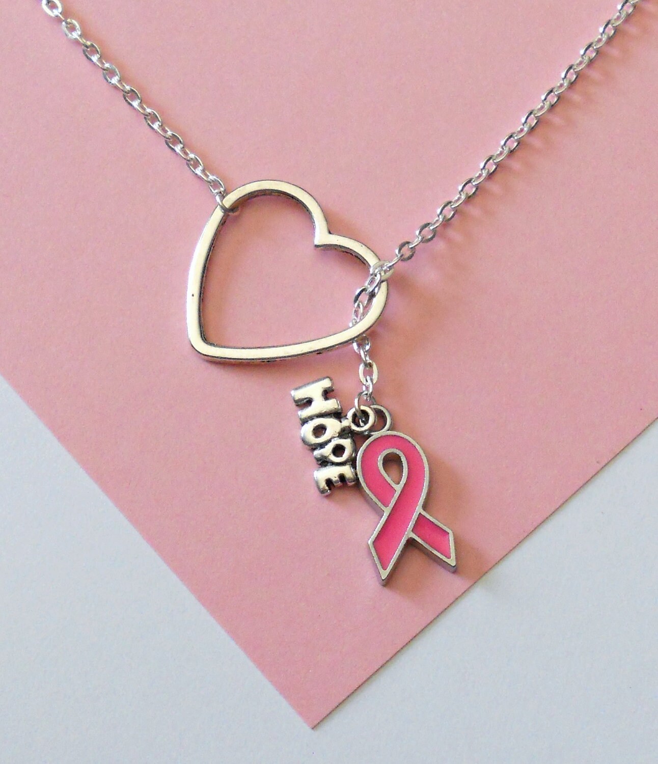 Silver Cancer Awareness Necklace with ribbon, heart and 'hope