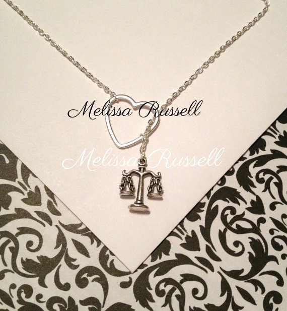 Law necklace with scale of justice charm and heart, silver, lariat ne…