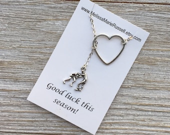 Wrestling charm and heart, silver, lariat necklace, handmade jewelry, holidays, Christmas, birthday, mom, gifts for her