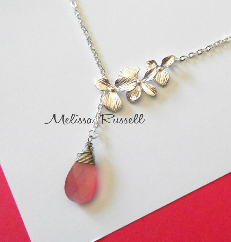 Create your own Silver Cascading Orchid Flowers Gem Lariat Necklace mom graduation handmade jewelry Choose from 32 different gems