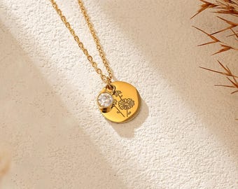 Engraved Birthstone Necklace, Birthflower Necklace, Mom Necklace, Birthday Gift, Wedding Necklace, Bridesmaid Gift, Mothers Day Gift for Her
