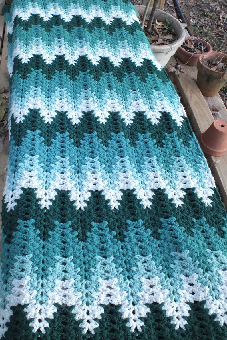Chevron Stripe Crocheted Blanket in Shades of Green and White Etsy