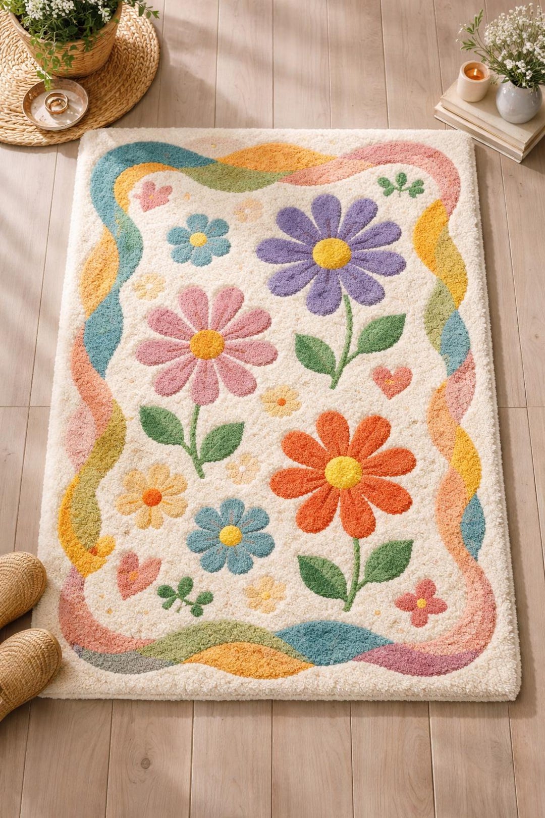 Floral Tufted Rug | Colorful Boho Daisy Area Rug | Cute Pastel Flower ...