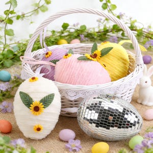 Puede incluir: Una cesta de mimbre blanca llena de huevos de Pascua decorativos en colores pastel, adornados con girasoles. También hay un huevo de bola de discoteca y un conejito de cerámica blanca, creando una escena primaveral festiva.