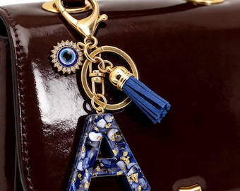 Evil eye tassel letter keychain Resin initial bag charm Black fashion alphabet keychain Personalized gift for her 26 Letters Available