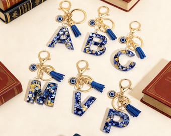 Evil eye tassel letter keychain Resin initial bag charm Black fashion alphabet keychain Personalized gift for her 26 Letters Available