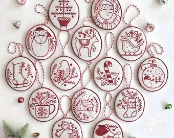 Hand Red Embroidery Christmas Ornaments kit,DIY Christmas Embroidery Pattern, Handmade Holiday Craft Kit for Kids & Adults