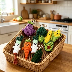 May include: A collection of crocheted vegetable keychains in a woven basket, featuring a purple eggplant, green broccoli, yellow corn, avocado, orange carrot, and white leeks, each with a small metal keyring and embroidered facial features.