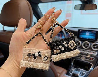 Tweed Mini Purse Keychain, Luxury Small Fragrance Bag Charm, Handcrafted Pearl Fringe Pouch, Personalized Designer Style Gift for Her