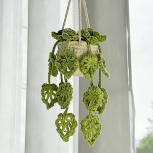 May include: A hanging crochet plant pot with green leaves and a cream-coloured pot. The leaves are a vibrant green and hang down from the pot. The pot is suspended by a cream-coloured rope, creating a charming, handmade aesthetic.