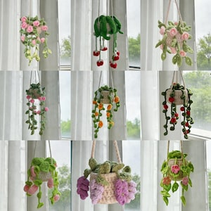 May include: A collection of nine handmade crochet hanging planters. Each planter features a unique design with colorful crochet flowers and trailing vines in shades of pink, green, orange, and red. The planters are suspended by a neutral-colored cord.