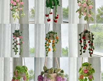 Crochet mini hanging basket car mirror charm Floral car hanging accessory Aesthetic flower pot car charm Unique gift for flower lovers