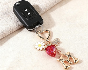 Personalized strawberry butterfly keychain Custom initial letter keyring Cute gold purse charm for her Gift for girlfriend, sister, friend