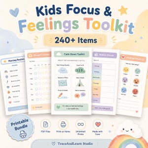 Puede incluir: Un paquete imprimible Kids Focus & Feelings Toolkit con más de 240 elementos. El conjunto incluye hojas para rutinas matutinas, seguimiento de recompensas, herramientas de calma, planificador semanal y control de emociones en tonos pastel.