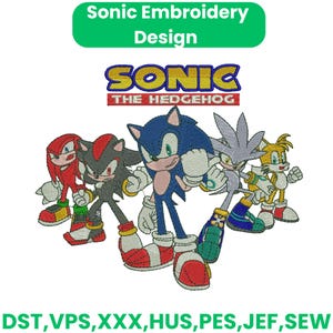 May include: An embroidered design featuring Sonic the Hedgehog and friends. The design includes the text "SONIC THE HEDGEHOG" in yellow and red. The image also includes the text "Sonic Embroidery Design" in green.