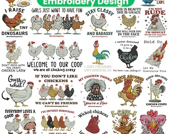 Lot de 25 motifs de broderie poulet citations, dictons drôles de poulet de ferme fichiers de broderie Machine dst pes jef vp3 sew xxx hus