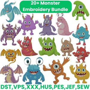 May include: A collection of colorful monster embroidery designs. The image features various cartoon monsters in shades of blue, purple, green, orange, and pink. Text at the top reads "20+ Monster Embroidery Bundle". The bottom text includes "DST, VPS, XXX, HUS, PES, JEF, SEW".
