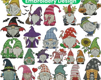 Gnome Embroidery Design Bundle 40 Plus Cute Seasonal Gnomes Fall Halloween Christmas Love Witch Garden Machine Embroidery Instant Download