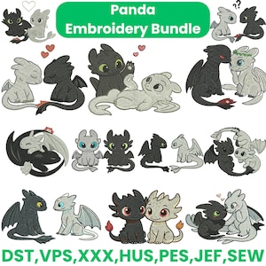 May include: An embroidery bundle with dragon designs in black and white. The designs include dragons in pairs, with hearts, and in different poses. The text "Panda Embroidery Bundle" is at the top. The bottom text includes "DST, VPS, XXX, HUS, PES, JEF, SEW".