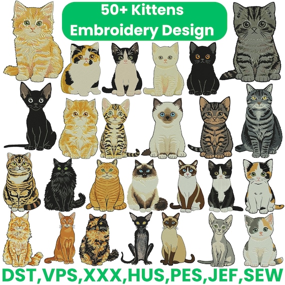 50+ Kittens Embroidery Design Bundle, Cute Cat & Baby Kitten Machine Embroidery Files dst pes jef vp3 sew xxx hus