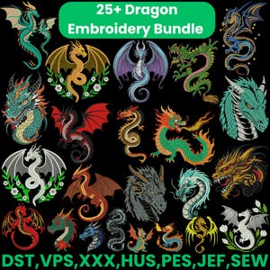 Puede incluir: Una colección de diseños de bordado de dragones en varios colores y estilos. La imagen presenta dragones con alas, en tonos de verde, rojo, dorado, azul y morado. El texto en la parte superior dice "25+ Dragon Embroidery Bundle". El texto inferior incluye formatos de archivo de bordado.