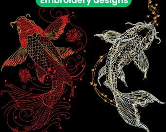 Koi Fish Embroidery Design, Japanese Koi Embroidery File, Oriental Fish Embroidery Pattern, Machine Embroidery PES DST JEF Instant Download