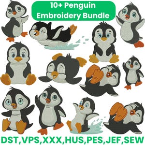 Op de afbeelding: Een verzameling cartoon pinguïn borduurontwerpen in verschillende poses. De pinguïns zijn voornamelijk zwart en wit met oranje voeten en snavels. De tekst "10+ Penguin Embroidery Bundle" staat bovenaan.