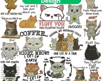 Disegno di ricamo divertente con gatto sarcastico, ricamo con gatto, ricamo con gatto scontroso, ricamo con animali, disegno di ricamo a macchina