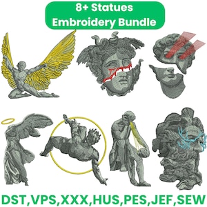 May include: An embroidery bundle showcasing eight or more statue designs. The image presents several classical statues with intricate stitching, including figures with wings, halos, and Medusa's head. The text "8+ Statues Embroidery Bundle" is displayed at the top.