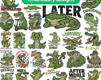 Crocodile Embroidery Designs Bundle, Funny Alligator Embroidery Files, Cute Croc Cartoon Embroidery Patterns for Kids Shirts Hoodies Bags