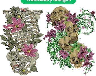 Floral Skeleton Embroidery Design, Skull Embroidery File, Gothic Floral Embroidery Pattern, Machine Embroidery PES DST JEF Instant Download