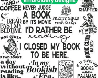 Book Embroidery Design, Book Lover Machine Embroidery Pattern, Bookish Era Reading Sewing Design, Literary Embroidery, Reader Gift, Bookworm
