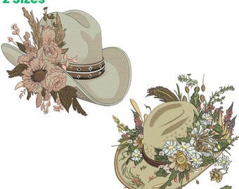 Floral Hat Embroidery Design Western Cowgirl Hat Embroidery Pattern Boho Floral Cowboy Hat Stitch Design Rustic Country Embroidery Decor