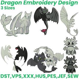 May include: Dragon embroidery designs in various styles, including a sitting dragon with heart-shaped wings, a black dragon with red accents, and a dragon in flight. The text "Dragon Embroidery Design" and "3 Sizes" are at the top.