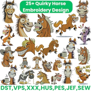Quirky Horse Embroidery Design Bundle Funny Cartoon Horses Pack 25 Plus Designs Silly Expressions Farm Humor Machine Embroidery Files