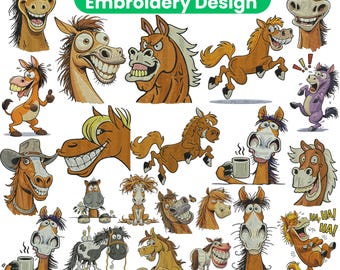 Quirky Horse Embroidery Design Bundle Funny Cartoon Horses Pack 25 Plus Designs Silly Expressions Farm Humor Machine Embroidery Files