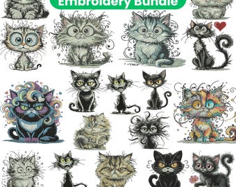 Motif de broderie Chats fous, chat duveteux, broderie chaton, broderie chat original, fichier machine animal, motif de broderie Machine