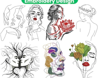 Floral Lady Embroidery Design | Woman Line Art Face Floral Portrait | Modern Machine Embroidery File | PES DST JEF