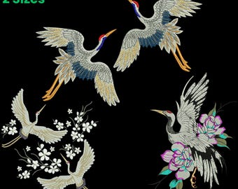 Stork Embroidery Design Elegant Crane Bird Embroidery Pattern Floral Flying Bird Stitch Art Japanese Inspired Embroidery Design For Decor