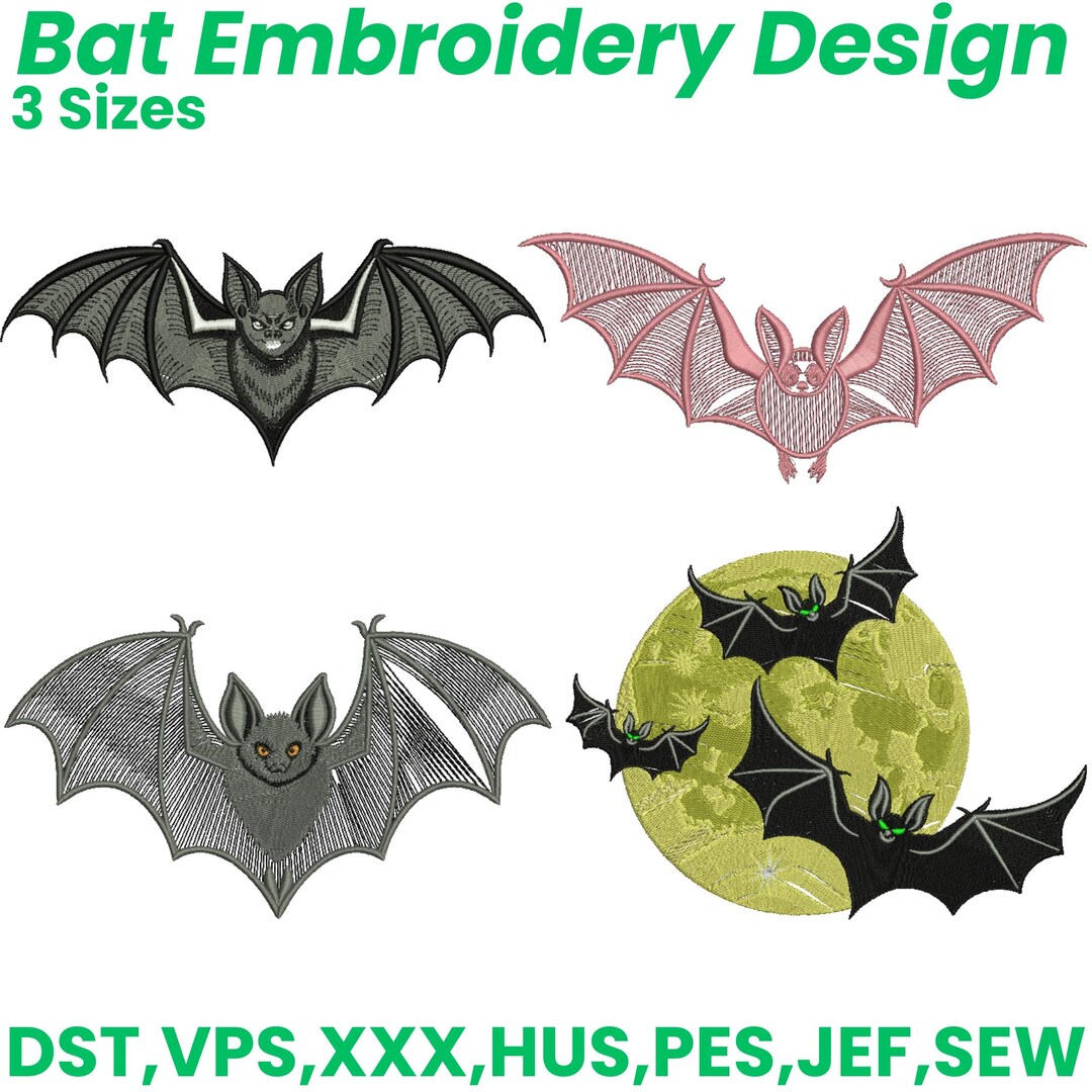 Bat Embroidery Design | Halloween Bat Flying Moon | Machine Embroidery ...