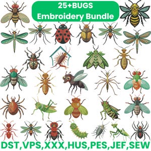 Puede incluir: Una colección de diseños de bordado de insectos coloridos, que incluyen una mariquita, una abeja, una libélula y una araña. La imagen presenta el texto "25+BUGS Embroidery Bundle" y abreviaturas de tipos de archivo.