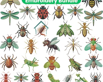 May include: A collection of colorful insect embroidery designs, including a ladybug, bee, dragonfly, and spider. The image features the text "25+BUGS Embroidery Bundle" and file type abbreviations.