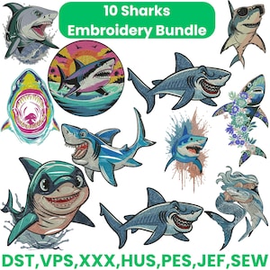 Könnte beinhalten: Eine Sammlung von zehn Hai-Stickmustern in verschiedenen Stilen. Die Designs zeigen Haie mit Sonnenbrillen, floralen Akzenten und einer Sonnenuntergangsszene. Der Text "10 Sharks Embroidery Bundle" ist oben zu sehen. Stickdateiformate werden unten angezeigt.