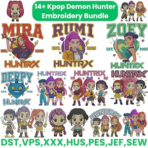 May include: A collection of embroidery designs featuring Kpop Demon Hunter characters. The designs include various characters with names like Mira, Rumi, and Zoey, along with the text "HUNTRX" and the year "2025". The designs are in various colors.