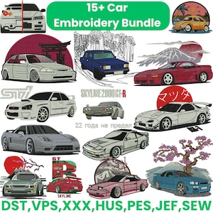 May include: A selection of car embroidery designs, showcasing diverse car models in various colours and styles. The designs include text that reads "15+ Car Embroidery Bundle", "SKYLINE 2000GT-R", and other text in different languages. The designs are in DST, VPS, XXX, HUS, PES, JEF, and SEW formats.